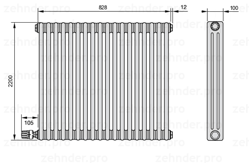 Схема (чертеж) Радиатор Zehnder Charleston 3220/18 №V004 Белый глянцевый RAL 9016